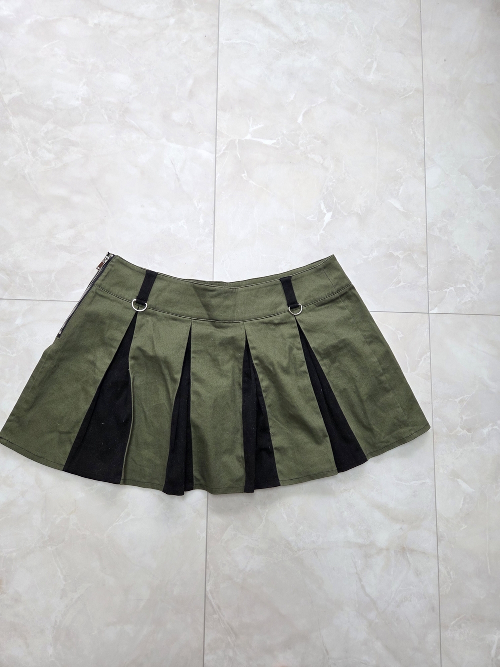 Dolls Kill Olive Green Mini Skirt with Black Inset Pleats